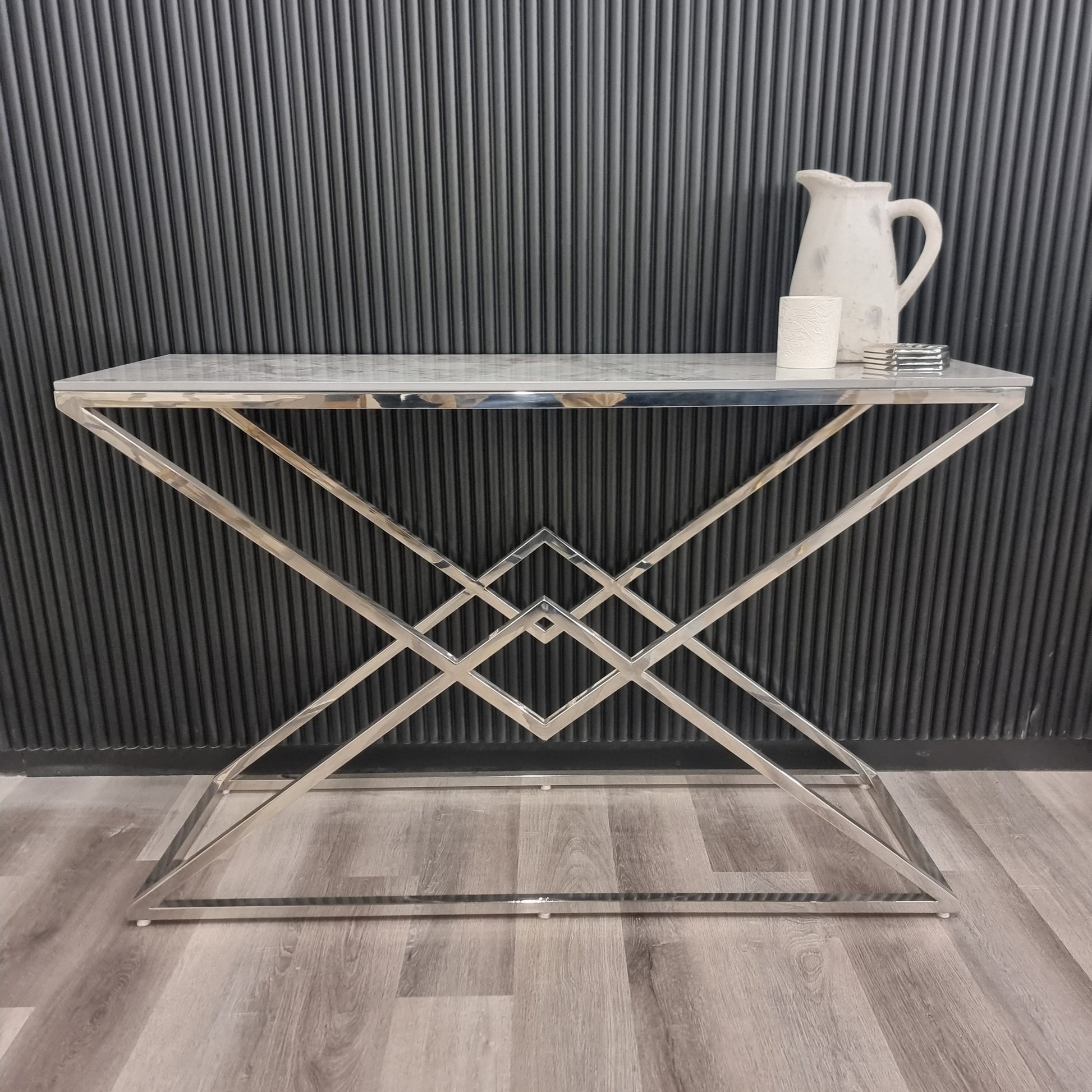 Airi Chrome Console Table with Stomach Ash Sintered Stone Top