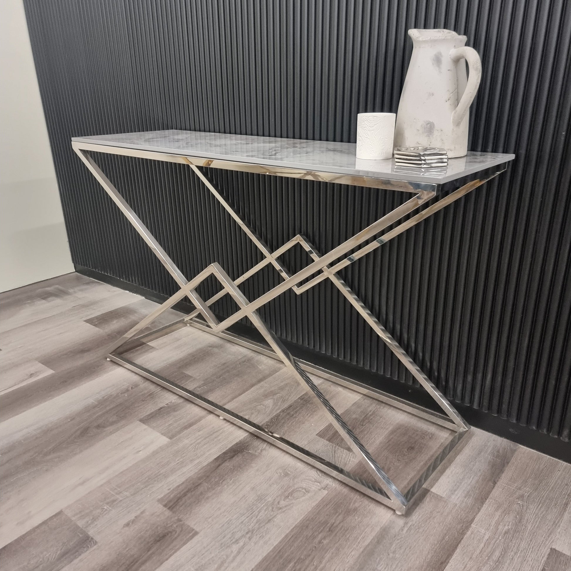 Airi Chrome Console Table with Stomach Ash Sintered Stone Top