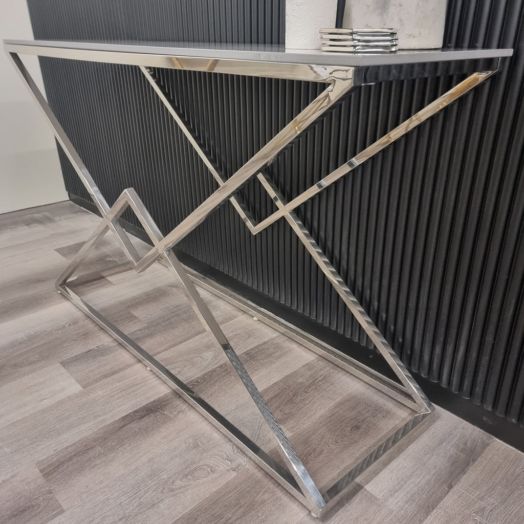 Airi Chrome Console Table with Stomach Ash Sintered Stone Top