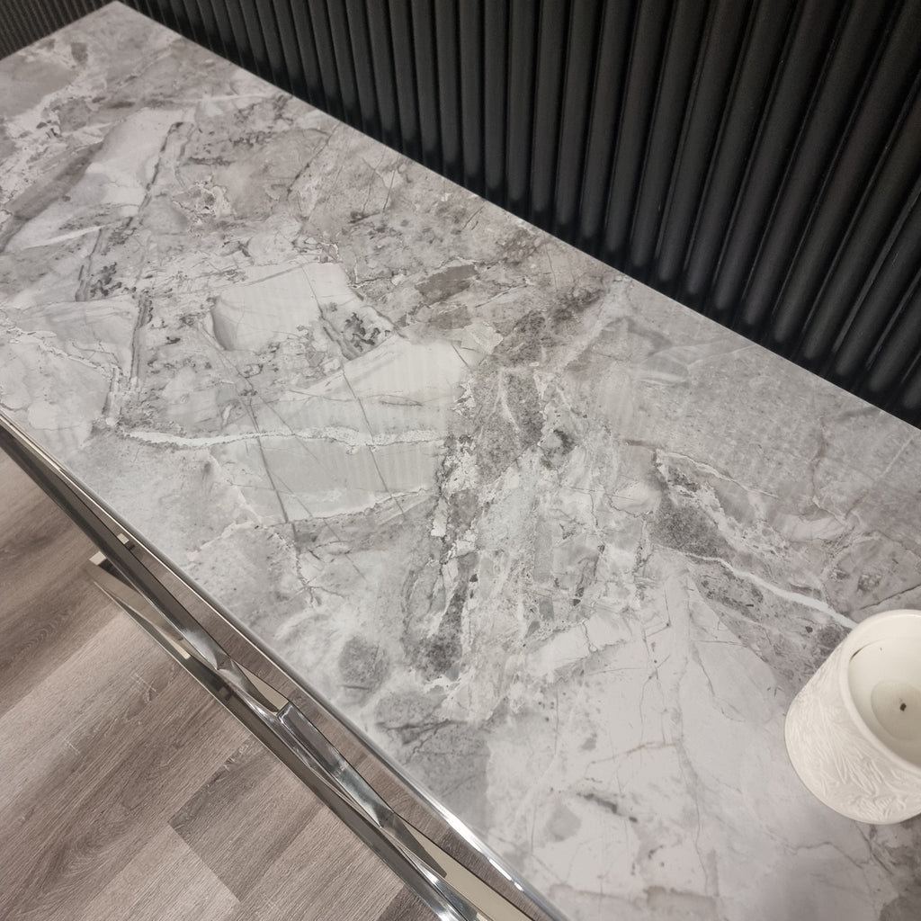 Airi Chrome Console Table with Stomach Ash Sintered Stone Top