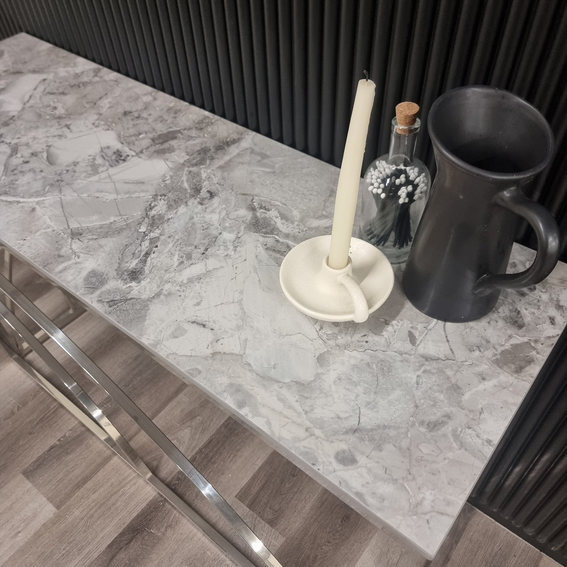 Arisa Chrome Console Table with Stomach Ash Grey Sintered Top