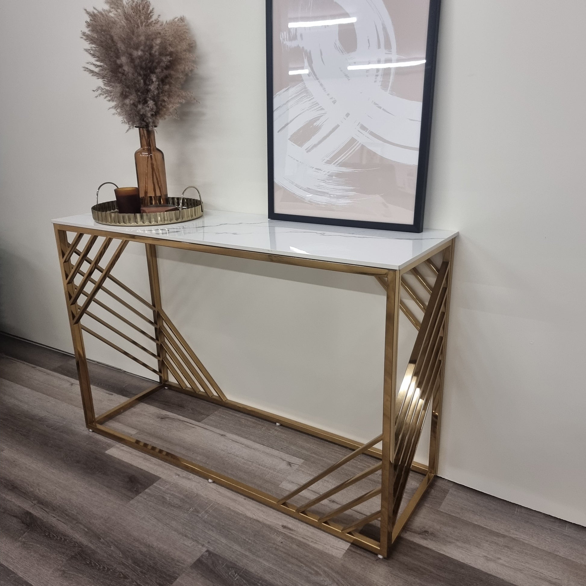 Asuka Gold Console Table with Polar White Sintered Top