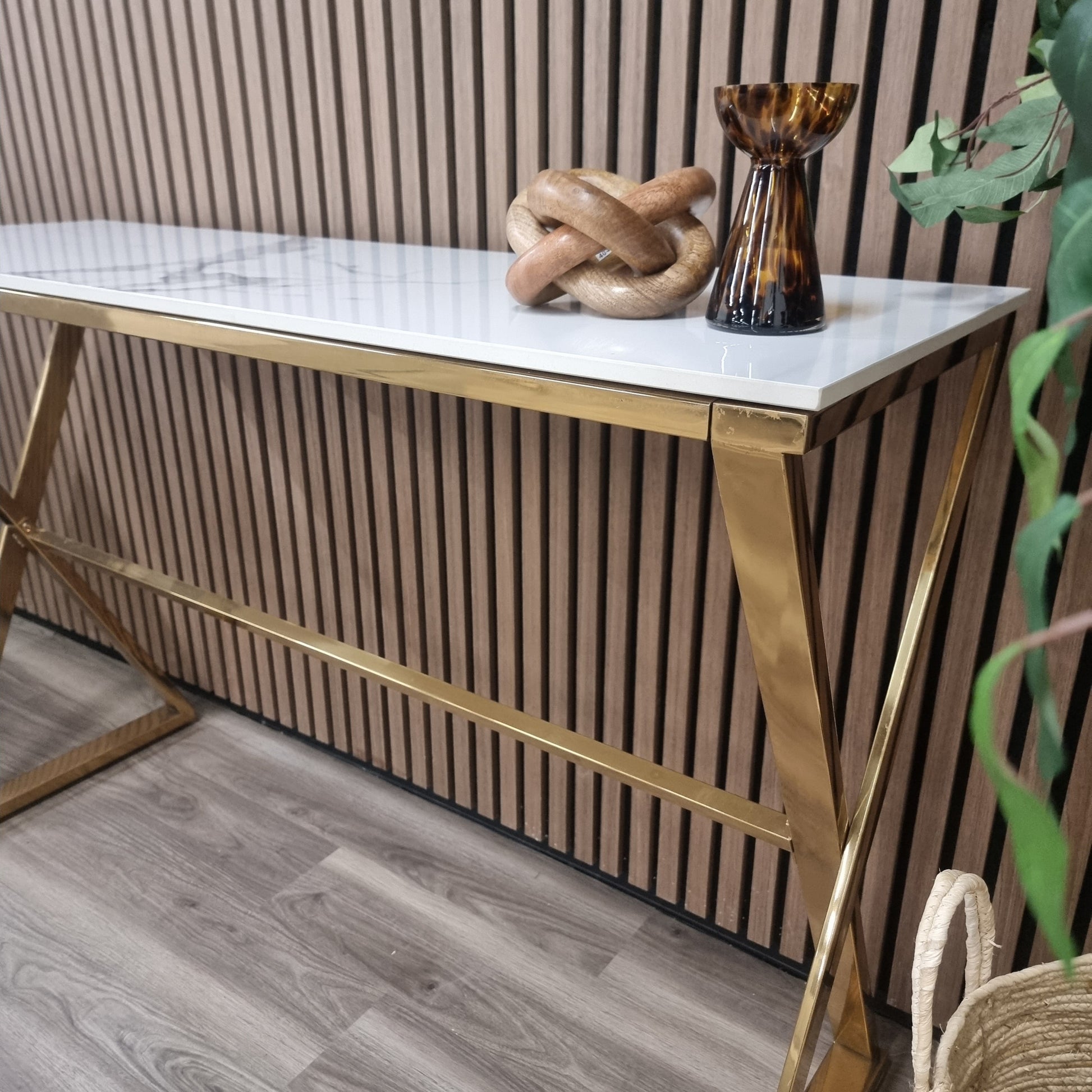 Jiro Gold Console Table with Polar White Sintered Top